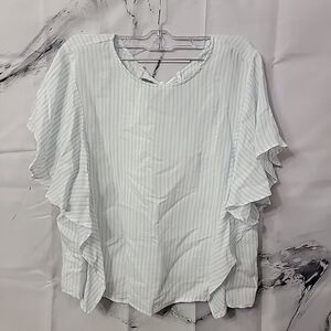 Zara TRF Women's M Light Blue and White Striped, Flowing, Ruffled Sleeve Top